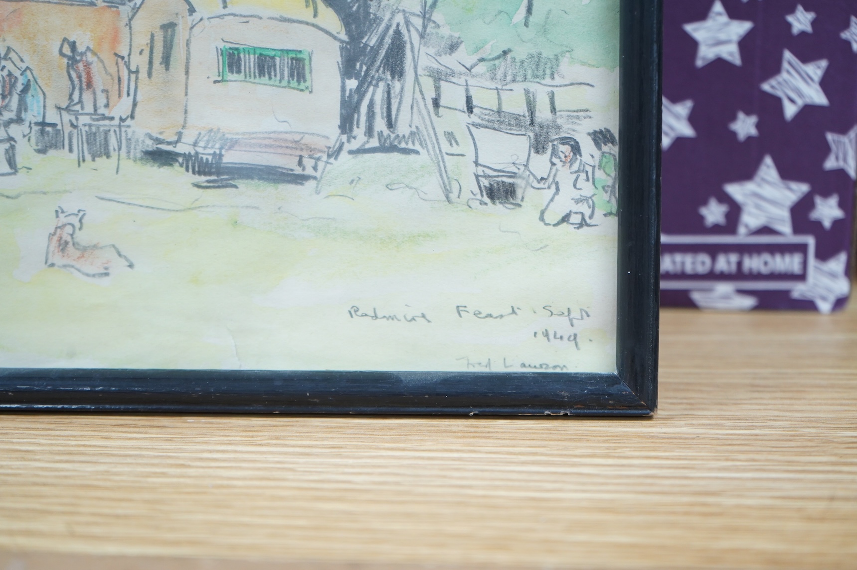 Fred Lawson (1888-1968), Gypsy campsite with feast, signed and dated 1949, pencil and wash, 17 x 23cm